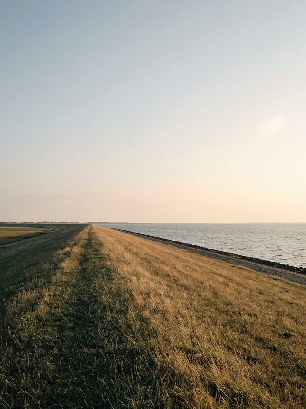 Zeedijk op Schouwen-Duiveland bij avondlicht, uitkijkend over de Oosterschelde